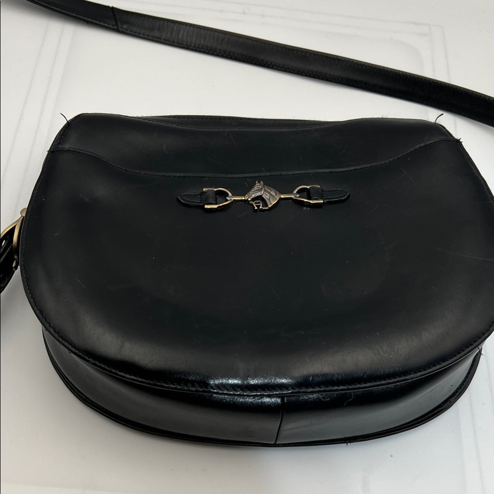 Etienne Aigner Vintage Black Leather Crossbody Saddle Bag Gold Hardware